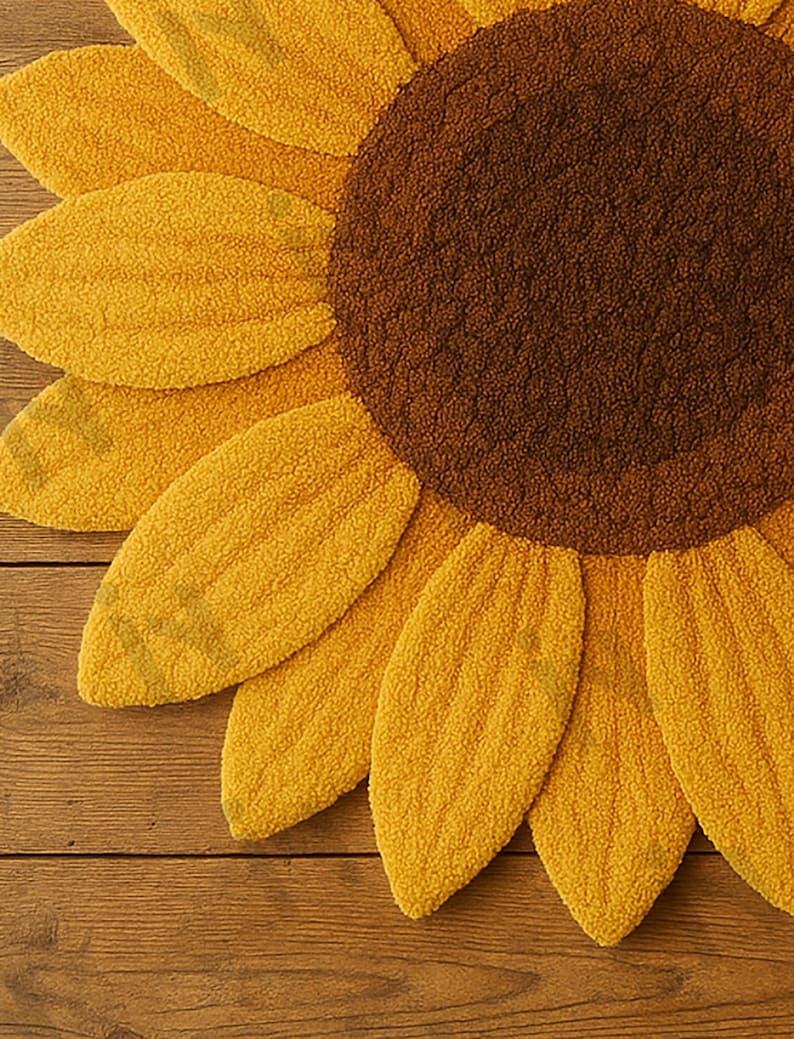 IN-108 Hand Tufted Sunflower Woolen Carpet for Floor Decor, Cozy Home,Bedroom, Courtyard, Living Room, Kids, Cabin, Bedroom, Reading Nook.
A vibrant sunflower-shaped wool rug handcrafted in rich yellow and brown tones, featuring realistic petal textures and a plush wool surface. Displayed in a bright minimalist room with indoor plants, natural sunlight, and a wooden bench, this handmade rug adds a cheerful botanical touch and cozy warmth to any modern living space.