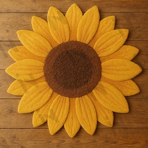 IN-108 Hand Tufted Sunflower Woolen Carpet for Floor Decor, Cozy Home,Bedroom, Courtyard, Living Room, Kids, Cabin, Bedroom, Reading Nook.
A vibrant sunflower-shaped wool rug handcrafted in rich yellow and brown tones, featuring realistic petal textures and a plush wool surface. Displayed in a bright minimalist room with indoor plants, natural sunlight, and a wooden bench, this handmade rug adds a cheerful botanical touch and cozy warmth to any modern living space.