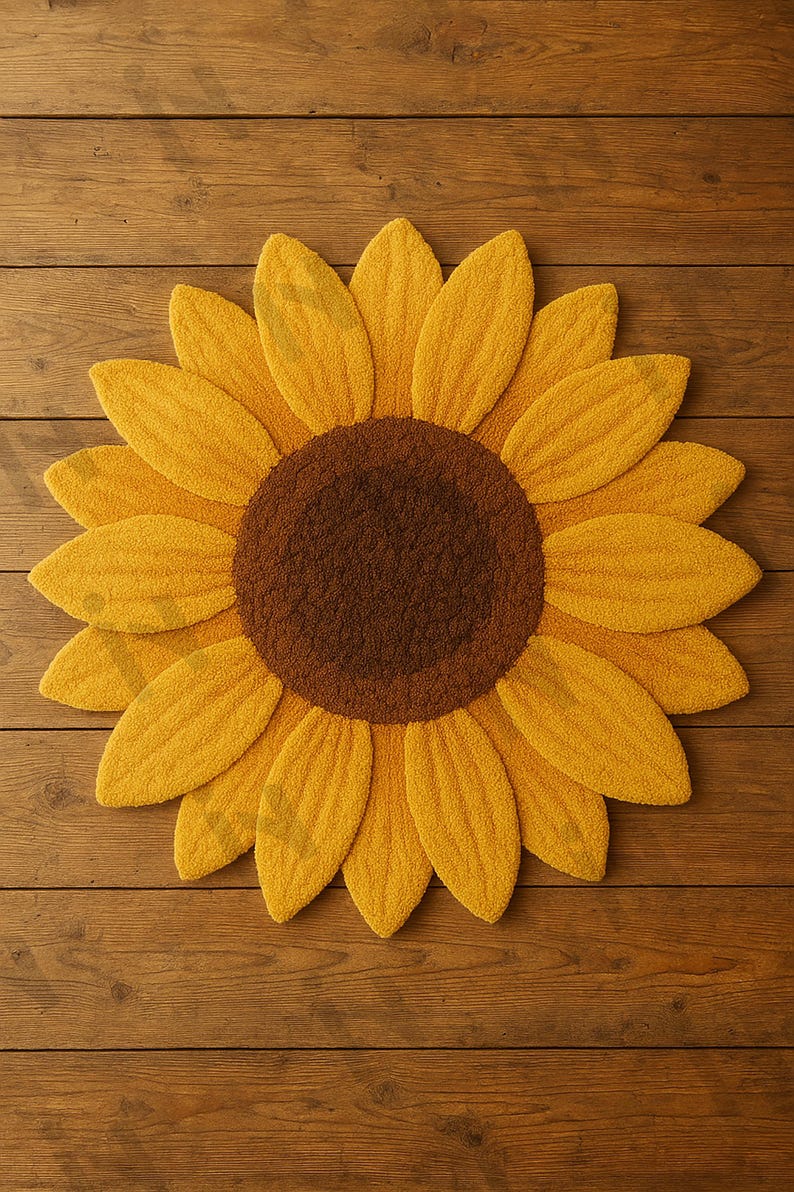IN-108 Hand Tufted Sunflower Woolen Carpet for Floor Decor, Cozy Home,Bedroom, Courtyard, Living Room, Kids, Cabin, Bedroom, Reading Nook.
A vibrant sunflower-shaped wool rug handcrafted in rich yellow and brown tones, featuring realistic petal textures and a plush wool surface. Displayed in a bright minimalist room with indoor plants, natural sunlight, and a wooden bench, this handmade rug adds a cheerful botanical touch and cozy warmth to any modern living space.