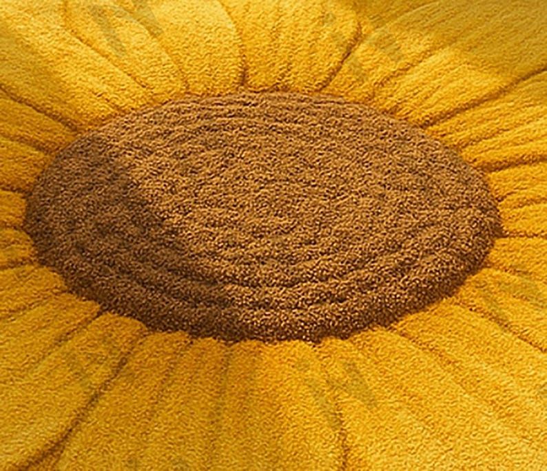 IN-108 Hand Tufted Sunflower Woolen Carpet for Floor Decor, Cozy Home,Bedroom, Courtyard, Living Room, Kids, Cabin, Bedroom, Reading Nook.
A vibrant sunflower-shaped wool rug handcrafted in rich yellow and brown tones, featuring realistic petal textures and a plush wool surface. Displayed in a bright minimalist room with indoor plants, natural sunlight, and a wooden bench, this handmade rug adds a cheerful botanical touch and cozy warmth to any modern living space.