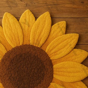 IN-108 Hand Tufted Sunflower Woolen Carpet for Floor Decor, Cozy Home,Bedroom, Courtyard, Living Room, Kids, Cabin, Bedroom, Reading Nook.
A vibrant sunflower-shaped wool rug handcrafted in rich yellow and brown tones, featuring realistic petal textures and a plush wool surface. Displayed in a bright minimalist room with indoor plants, natural sunlight, and a wooden bench, this handmade rug adds a cheerful botanical touch and cozy warmth to any modern living space.