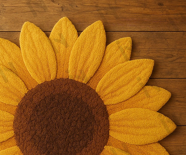 IN-108 Hand Tufted Sunflower Woolen Carpet for Floor Decor, Cozy Home,Bedroom, Courtyard, Living Room, Kids, Cabin, Bedroom, Reading Nook.
A vibrant sunflower-shaped wool rug handcrafted in rich yellow and brown tones, featuring realistic petal textures and a plush wool surface. Displayed in a bright minimalist room with indoor plants, natural sunlight, and a wooden bench, this handmade rug adds a cheerful botanical touch and cozy warmth to any modern living space.