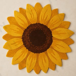 IN-108 Hand Tufted Sunflower Woolen Carpet for Floor Decor, Cozy Home,Bedroom, Courtyard, Living Room, Kids, Cabin, Bedroom, Reading Nook.
A vibrant sunflower-shaped wool rug handcrafted in rich yellow and brown tones, featuring realistic petal textures and a plush wool surface. Displayed in a bright minimalist room with indoor plants, natural sunlight, and a wooden bench, this handmade rug adds a cheerful botanical touch and cozy warmth to any modern living space.