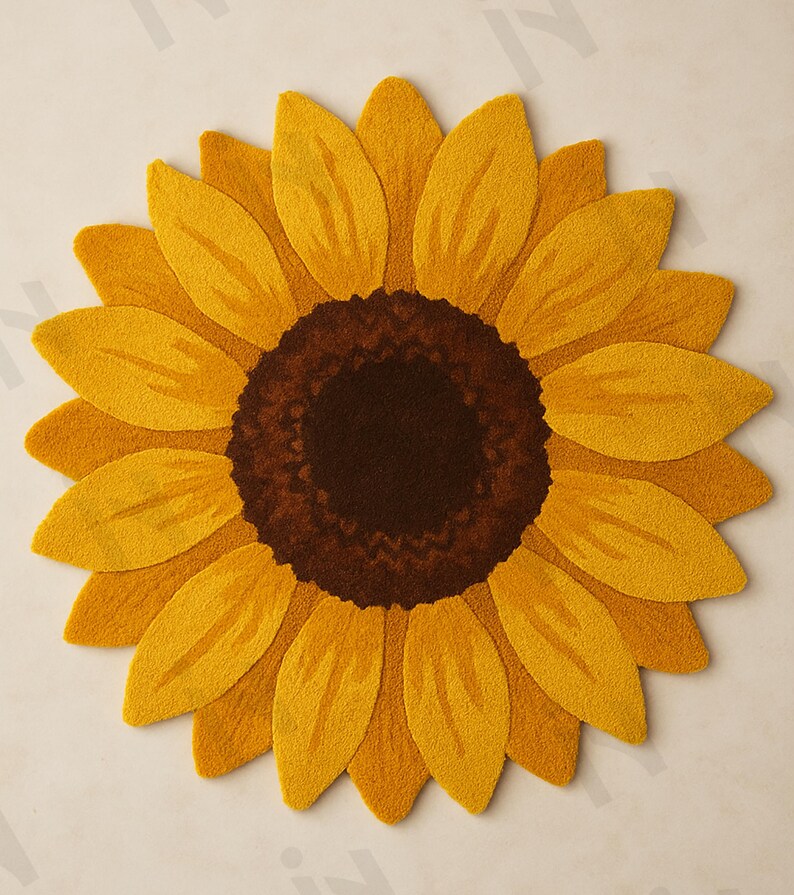IN-108 Hand Tufted Sunflower Woolen Carpet for Floor Decor, Cozy Home,Bedroom, Courtyard, Living Room, Kids, Cabin, Bedroom, Reading Nook.
A vibrant sunflower-shaped wool rug handcrafted in rich yellow and brown tones, featuring realistic petal textures and a plush wool surface. Displayed in a bright minimalist room with indoor plants, natural sunlight, and a wooden bench, this handmade rug adds a cheerful botanical touch and cozy warmth to any modern living space.