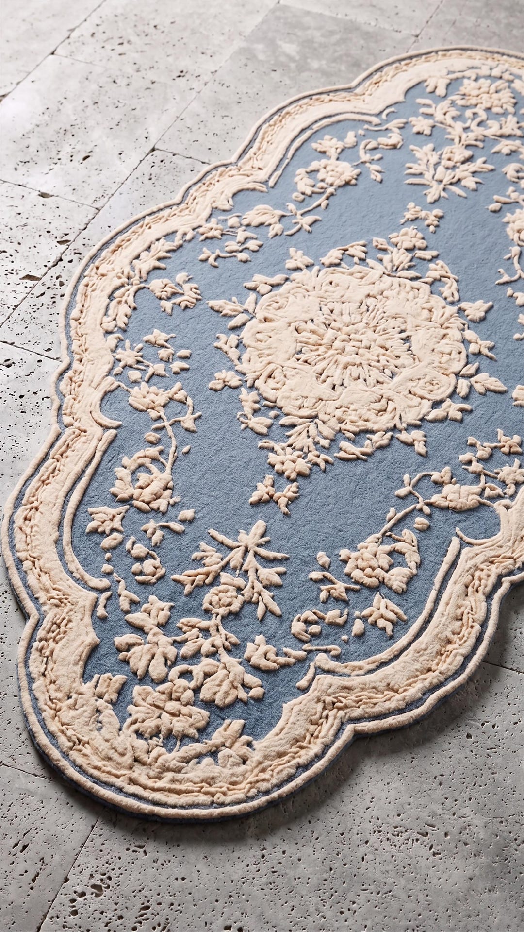 Scalloped Blue Floral Rug, Hand Tufted Wool Victorian Area Rug French ...