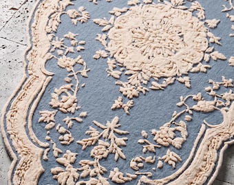 Scalloped Blue Floral Rug, Hand Tufted Wool Victorian Area Rug French Baroque Medallion Carpet Irregular Shaped Living Room Rug Custom Size