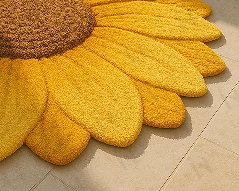 IN-108 Hand Tufted Sunflower Woolen Carpet for Floor Decor, Cozy Home,Bedroom, Courtyard, Living Room, Kids, Cabin, Bedroom, Reading Nook.
A vibrant sunflower-shaped wool rug handcrafted in rich yellow and brown tones, featuring realistic petal textures and a plush wool surface. Displayed in a bright minimalist room with indoor plants, natural sunlight, and a wooden bench, this handmade rug adds a cheerful botanical touch and cozy warmth to any modern living space.