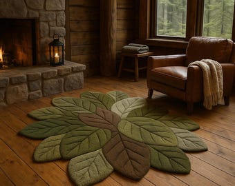 Hand Tufted Wool Rug, Leaf Shaped, Green & Brown Botanical Design