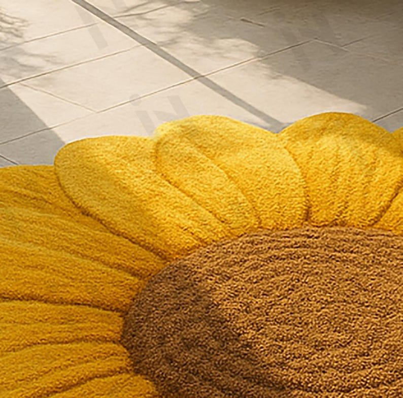 IN-108 Hand Tufted Sunflower Woolen Carpet for Floor Decor, Cozy Home,Bedroom, Courtyard, Living Room, Kids, Cabin, Bedroom, Reading Nook.
A vibrant sunflower-shaped wool rug handcrafted in rich yellow and brown tones, featuring realistic petal textures and a plush wool surface. Displayed in a bright minimalist room with indoor plants, natural sunlight, and a wooden bench, this handmade rug adds a cheerful botanical touch and cozy warmth to any modern living space.
