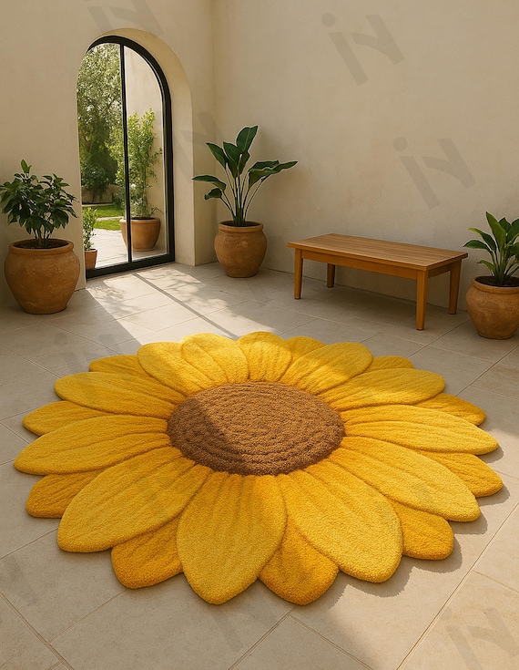 IN-108 Hand Tufted Sunflower Woolen Carpet for Floor Decor, Cozy Home,Bedroom, Courtyard, Living Room, Kids, Cabin, Bedroom, Reading Nook.