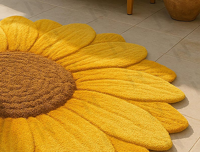 IN-108 Hand Tufted Sunflower Woolen Carpet for Floor Decor, Cozy Home,Bedroom, Courtyard, Living Room, Kids, Cabin, Bedroom, Reading Nook.
A vibrant sunflower-shaped wool rug handcrafted in rich yellow and brown tones, featuring realistic petal textures and a plush wool surface. Displayed in a bright minimalist room with indoor plants, natural sunlight, and a wooden bench, this handmade rug adds a cheerful botanical touch and cozy warmth to any modern living space.
