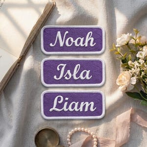Parche personalizado con nombre, parche bordado termoadhesivo, etiqueta rectangular personalizada con nombre para uniforme de trabajo, texto cursivo, borde de color personalizado.