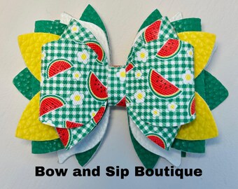 Jumbo Stanley Juicy Watermelon Green Yellow White Summer Straw Topper Bow