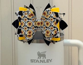 Jumbo Stanley Sunflower Cow Gingham Yellow Black Straw Topper Bow