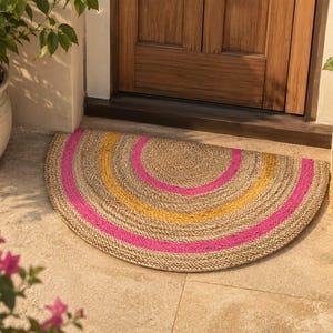 Half Moon Jute Rug, Boho Entryway Mat, Rainbow Pattern Natural Fiber Rug, Farmhouse Door Mat, Woven Semi Circle Rug