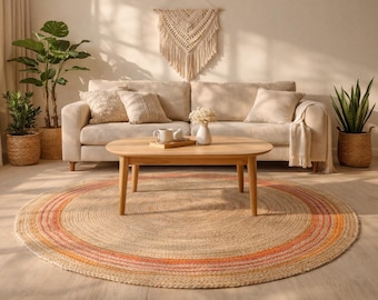 Handgewebter runder Juteteppich, Boho Teppich aus Naturfaser mit rosa oranger Bordüre, Bauernhaus Wohnzimmer Bodenmatte