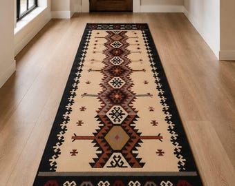 Handwoven Kilim Rug, Southwestern Tribal Area Rug, Beige Black Geometric Wool Rug, Boho Farmhouse Living Room Decor