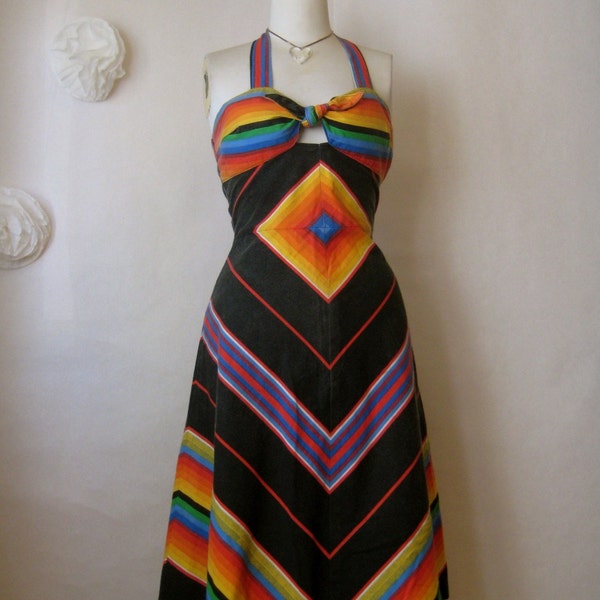 r e s e r v e d. 70s vintage chevron dress. 1970s rainbow dress cutout bust.