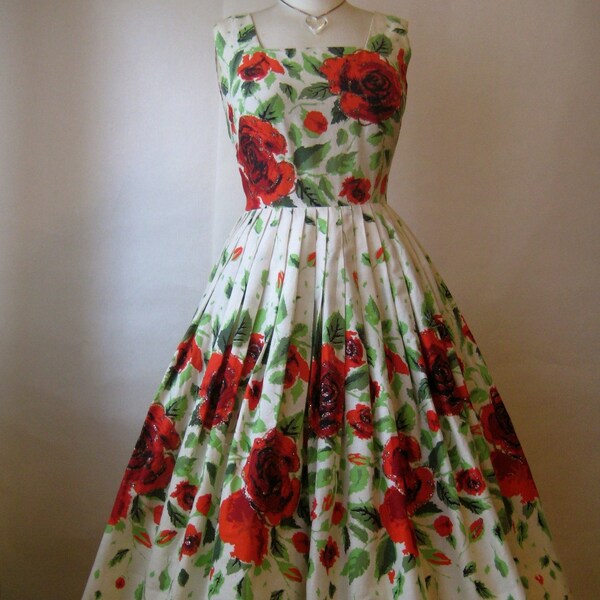 vintage 1950s senorita red rose garden tea party full new look dress. sparkly ruby glitter.