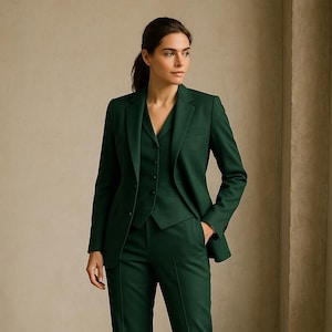 Op de afbeelding: Een donkergroen driedelig pak. Het pak bestaat uit een blazer, een vest en een broek. De blazer heeft een revers en de broek heeft rechte pijpen. De outfit is gemaakt van een effen, donkergroene stof.