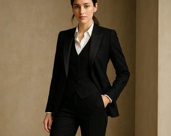 Pode incluir: Um fato preto de três peças, composto por blazer, colete e calças, usado com uma camisa branca. O blazer tem lapelas de cetim. A mulher usa saltos pretos de bico fino.