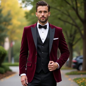 Burgundy Velvet Blazer 3 Piece Men&#39;s Suit - Custom Groomsmen Suit - Slim Fit Suit Men - Bespoke Tailoring Fit Formal Event Men&#39;s Suit