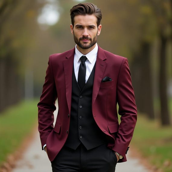maroon formal dress for men Burgundy Peaked Lapel Men Suits Two Piece Slim Fit Prom Outfits Online
