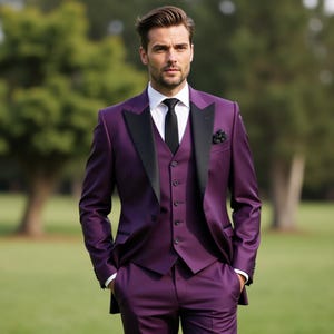 Purple 3 Piece Tuxedo Men&#39;s Suit - Wedding Groom Suit - Custom Slim Fit Suit Men - Elegant Formal 3 Piece Suits