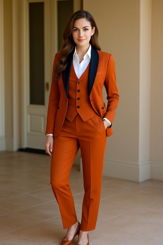 Women's Rust Orange Color Piece Suit Tailored Blazer Set