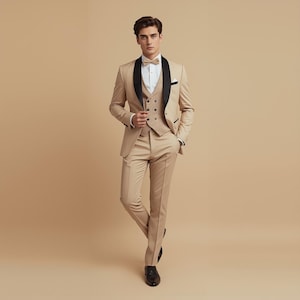 Beige Color 3 Piece Tuxedo Men&#39;s Suit - Wedding Groom Suit - Custom Slim Fit Suit Men - Elegant Formal 3 Piece Suits