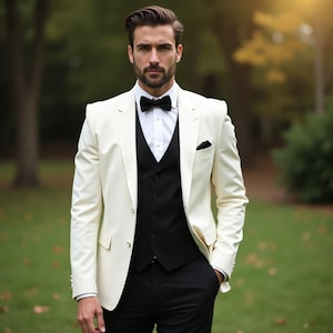 Men&#39;s Off White With Black Formal 3 Piece Men&#39;s Suit - Custom Groomsmen Suit - Slim Fit Suit Men - Bespoke Tailoring Fit - Event Men&#39;s Suit
