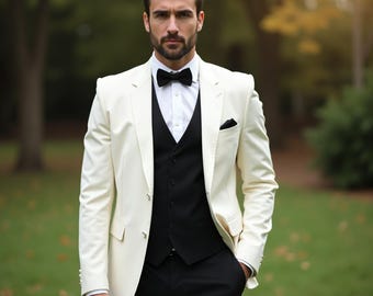 Terno formal masculino de 3 peças, branco e preto - Terno de padrinho personalizado - Terno slim fit masculino - Ajuste sob medida - Terno masculino para eventos