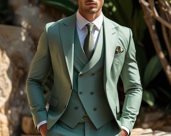 Abito da sposo verde salvia – Completo da cerimonia a tre pezzi realizzato a mano, vestibilità sartoriale