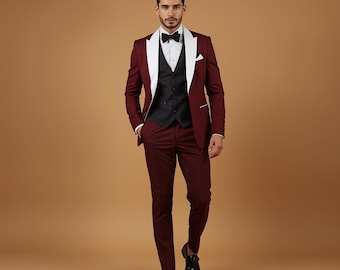 Burgundy 3 Piece Suit – Slim Fit Tuxedo, Groomsmen Suit