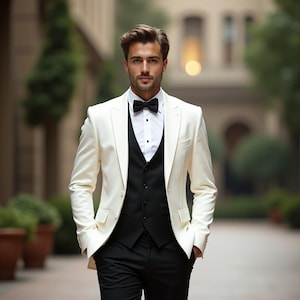 Men&#39;s Off White With Black Formal 3 Piece Men&#39;s Suit - Custom Groomsmen Suit - Slim Fit Suit Men - Bespoke Tailoring Fit - Event Men&#39;s Suit