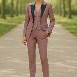 Könnte beinhalten: Ein mauvefarbener Dreiteiler mit schwarzem Revers an Jacke und Weste. Der Anzug besteht aus Blazer, Weste und Hose. Die Frau trägt nudefarbene Absätze. Der Hintergrund ist ein von Bäumen gesäumter Weg.