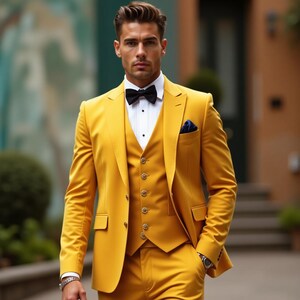 Elegante mosterdgele kleur Formeel 3-delig herenkostuum - Bruidsjonkerskostuum op maat - Slim fit herenkostuum - Op maat gemaakt Pakken voor evenement