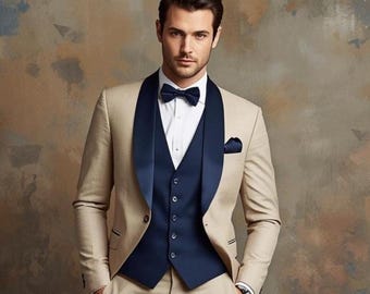 Beige Color 3 Piece Tuxedo Men's Suit - Wedding Groom Suit - Custom Slim Fit Suit Men - Elegant Formal 3 Piece Suits