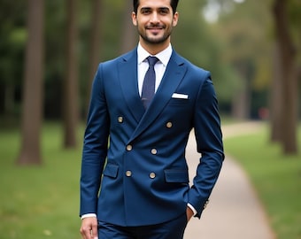 メンズ プレミアム ダークブルー ツーピース ダブルブレスト スーツ