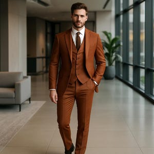Op de afbeelding: Een drieledig bruin pak met een wit overhemd en bruine stropdas. Het pak bestaat uit een blazer, vest en broek. De man draagt zwarte schoenen en een horloge. De achtergrond is een modern kantoor.