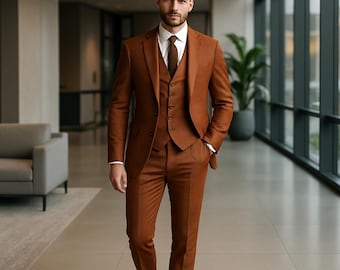 Handmade Rust Orange Tuxedo Suit – 3 Piece Tailored Fit Wedding Suit - Suits For Men