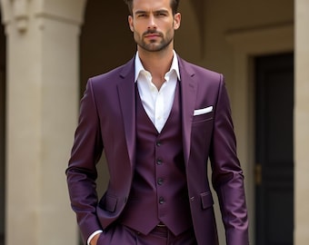 Traje formal clásico morado de 3 piezas para hombre - Traje de padrino de boda personalizado - Traje entallado para hombre - Traje a medida para eventos.