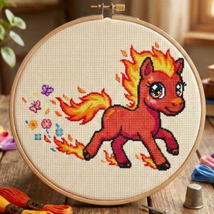 Patrón de punto de cruz de caballo de fuego (PDF) / Potro rojo pixel art / Gráfico de bordado de poni llameante / Decoración infantil de animales de fantasía