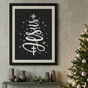 Jesus Name Christmas Tree Cross Stitch Pattern PDF | Christian Calligraphy Embroidery | Religious Minimalist Holiday Decor | Faith Art