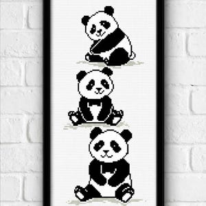 Panda Trio Cross Stitch Pattern | Beginner Blackwork Animal Embroidery | Minimalist Wall Art (PDF Pattern)