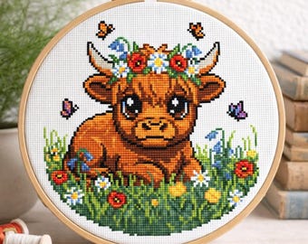 Highland Cow Flower Cross Stitch Pattern | Baby Calf Floral Meadow | Cottagecore Nursery Decor | Rustic Farmhouse Art (PDF)