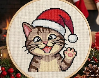 Christmas Cat Cross Stitch Pattern PDF | Santa Hat Tabby Kitten | Holiday Embroidery Chart | Xmas Animal Decor