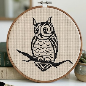 Owl Cross Stitch Pattern PDF | Monochrome Bird Embroidery | Modern Wall Art | Beginner friendly