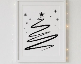 Christmas Tree Cross Stitch Pattern | Modern Minimalist Wall Art | Monochrome Holiday Embroidery Chart PDF