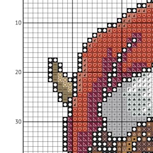 May include: Cross-stitch pattern depicting a Highland Cow, with the text "Highland Cow" at the top. The design uses shades of brown, red, and white, set against a grid background, suitable for needlecraft projects.